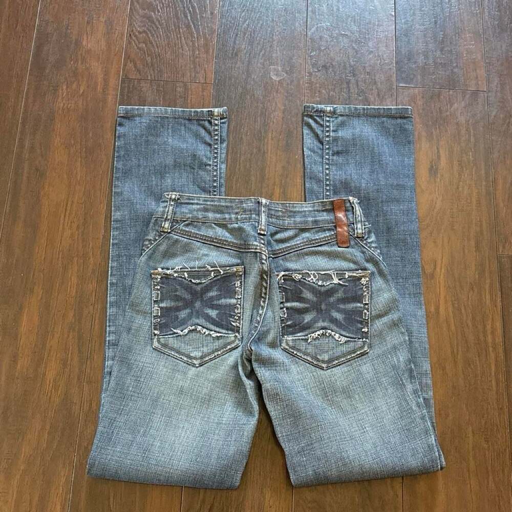 Desert Blue Jeans Miranda Y2K Distressed Bootcut Jeans with Cross Back Pockets S